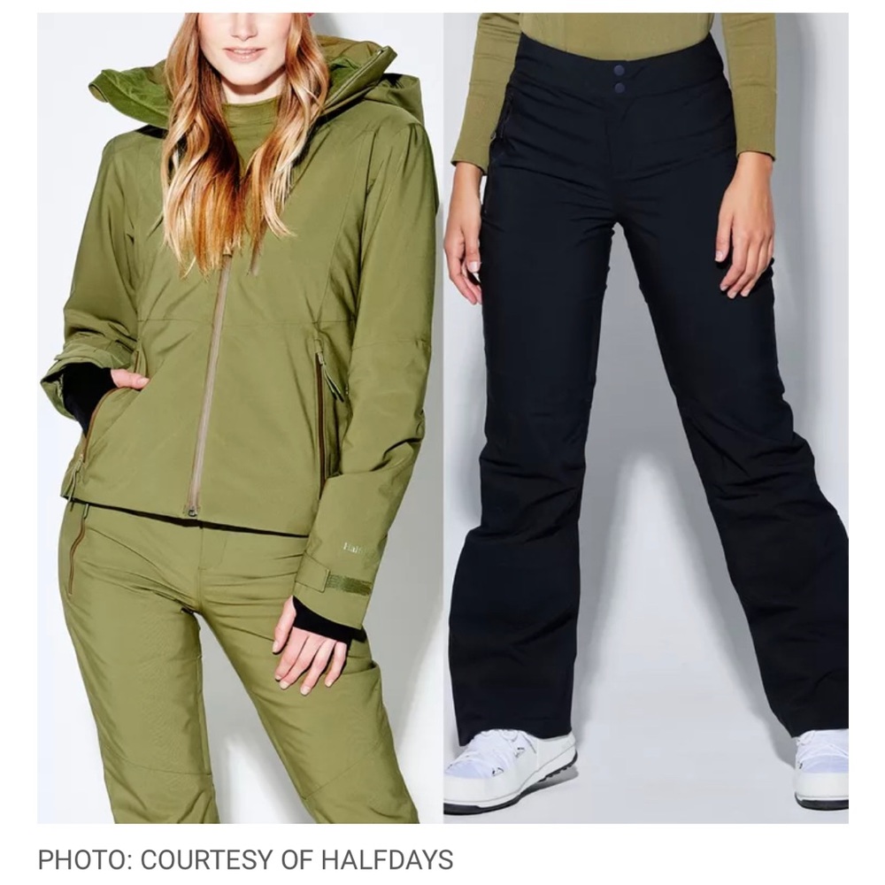 Halfdays ski pants and ski jacket in “Aperol” bright orange color.